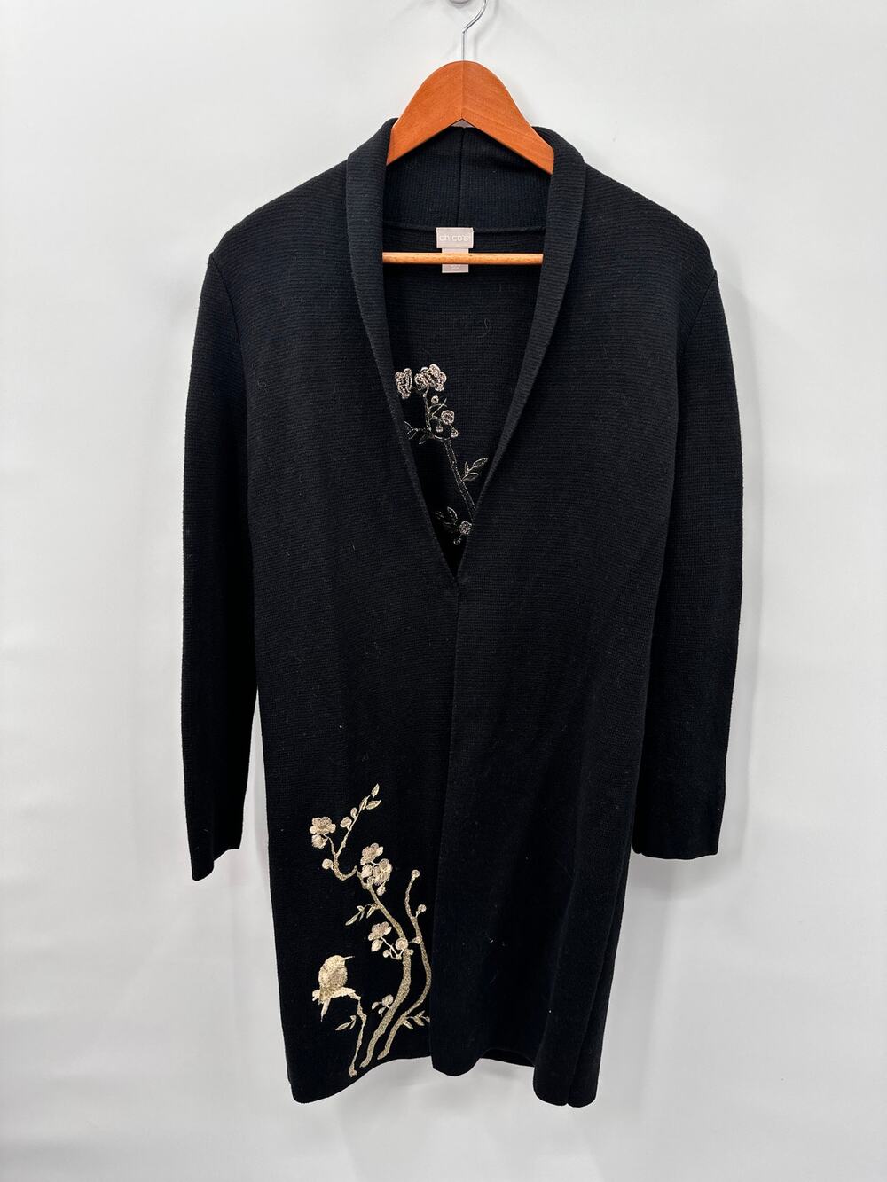 CHICO'S Long Black Gold Embroidered Floral Open Cardigan Jacket // S